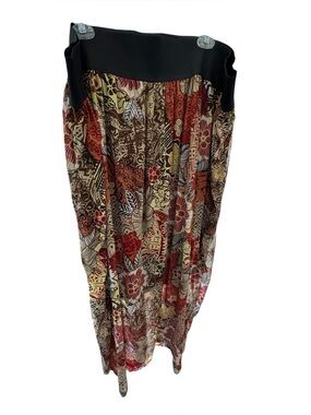SWAK Floral Patchwork Maxi Skirt - Black Stretch Waistband, Red Brown Cream